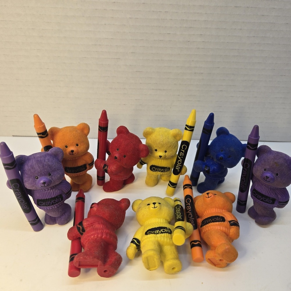 Vintage 1987 Crayola Crayon Flocked Bear Mini Figure Binney & Smith Set Of 9